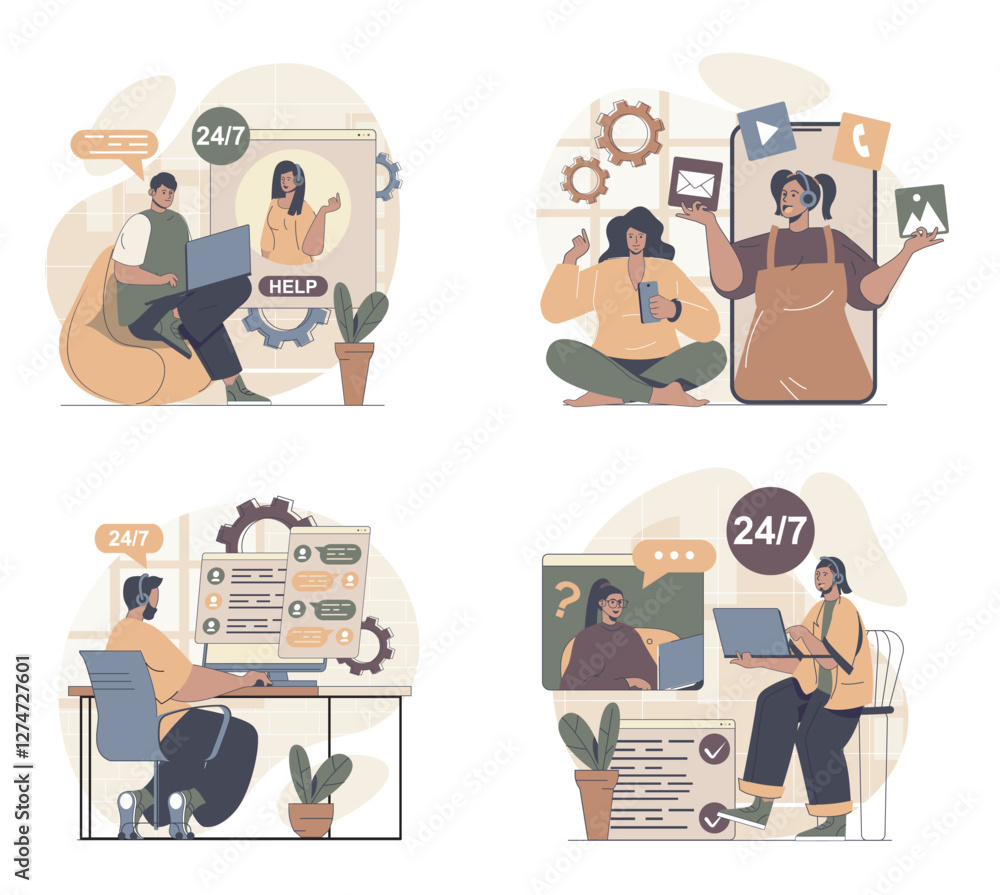 Leinwandbilder Virtual assistant concept scenes set in flat web design. People in situations of using online operator help and chatting, talking and getting advice, connecting by laptop or app. Vector illustrations.