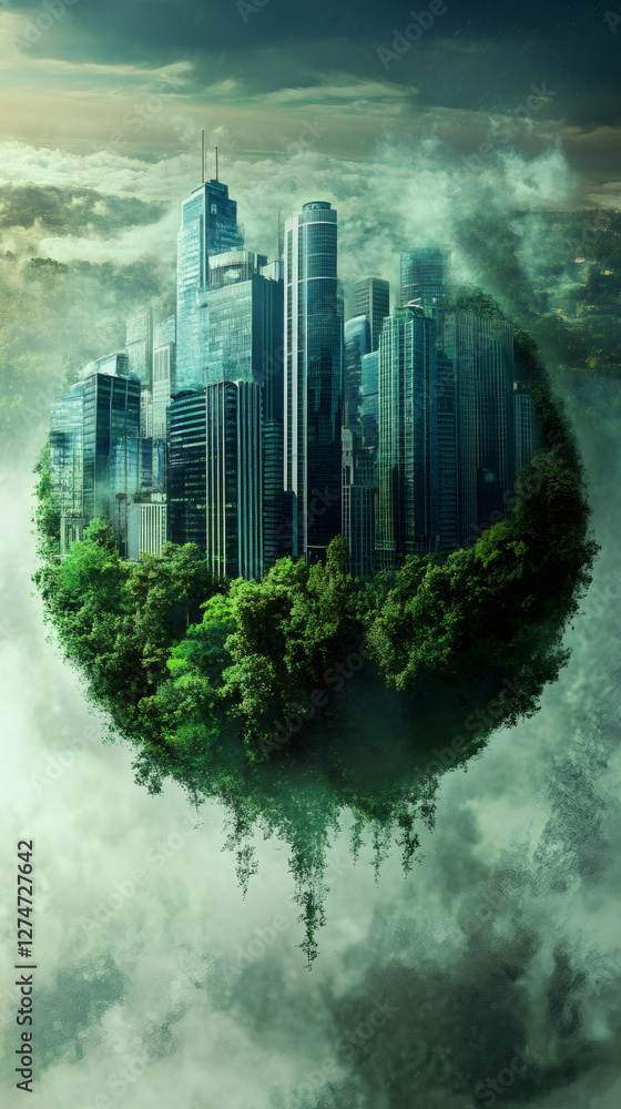 Poster green spherical forest island hovering amid cloudy skies, featuring modern urban structures blending