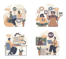 Virtual assistant concept scenes set in flat web design. People in situations of using online operator help and chatting, talking and getting advice, connecting by laptop or app. Vector illustrations.