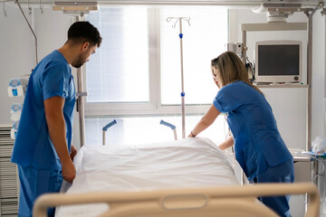 healthcare team making a hospital bed in the icu