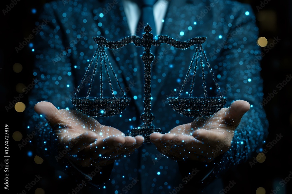 Poster digital hologram of justice scales floating above open hands against dark background with glowing bl