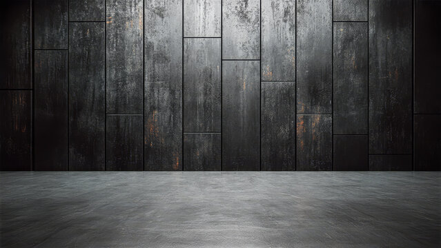 Dark Industrial Interior with Black Wooden Panels and Concrete Floor