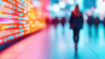 A blurred image of a person walking through a vibrant and colorful urban environment, highlighting the essence of city life.