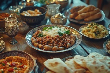 Closeup of an assortment of Indian dishes ready for service on a table.