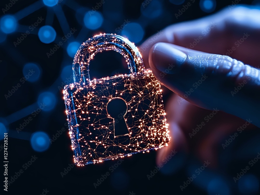Poster glowing digital padlock made of connected dots and lines touched by finger represents cybersecurity 
