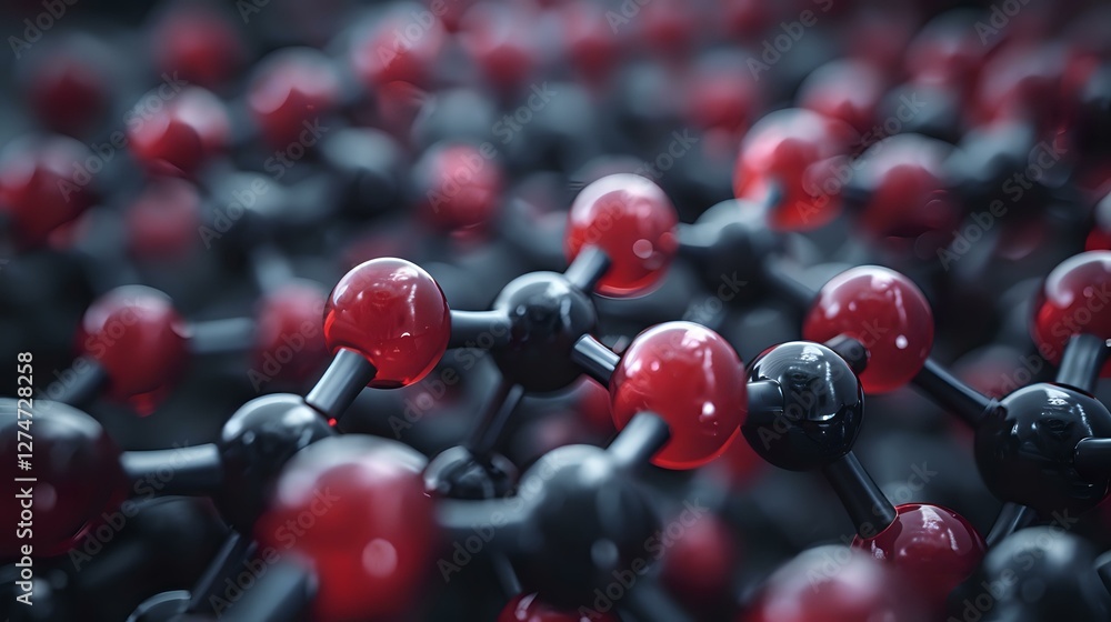Poster molecular structure visualization showing red and black atoms connected by bonds in close-up macro v