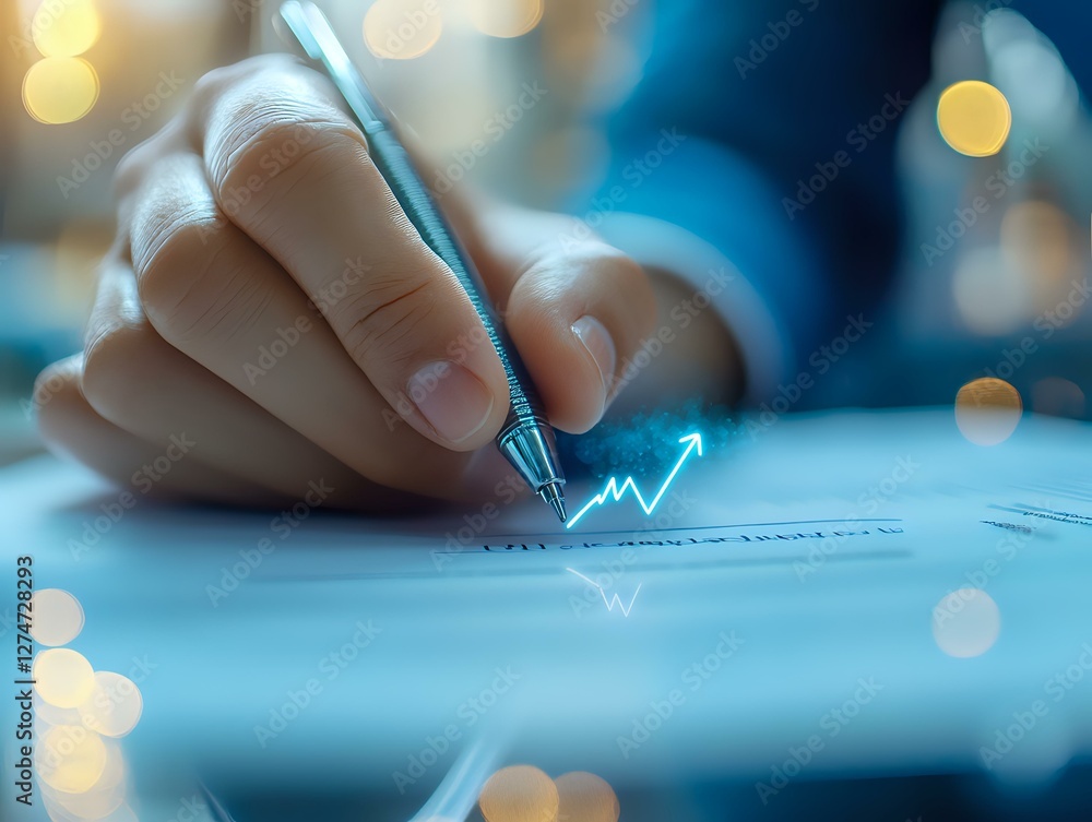 Aufkleber close-up of hand signing financial document with upward trending graph line, soft bokeh lights in ba