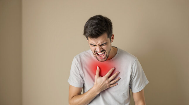 Homem jovem segurando o peito com express&atilde;o de dor intensa, com destaque em vermelho, representando desconforto ou problema de sa&uacute;de, em ambiente interno minimalista.
