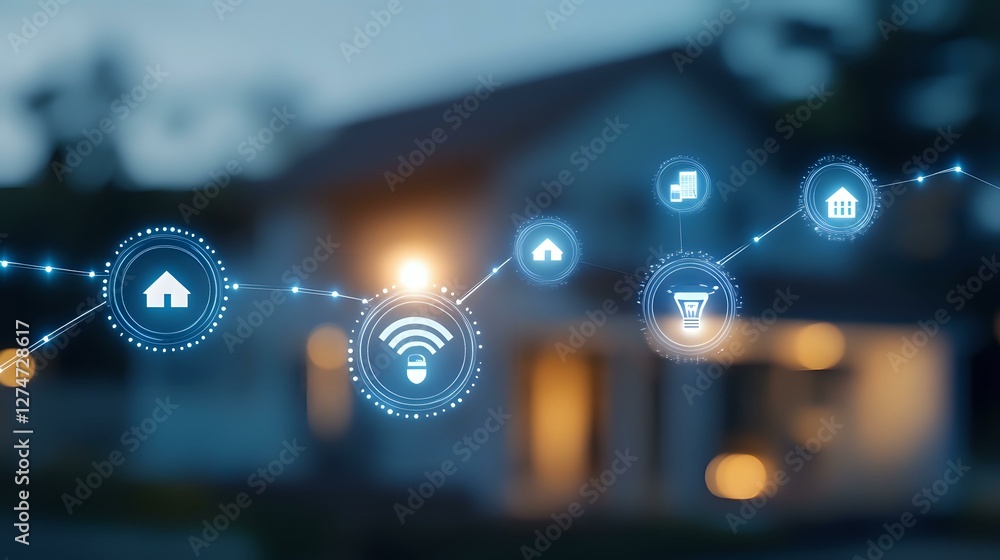 Aufkleber smart home automation network with connected devices and wifi symbols on blurred house background at
