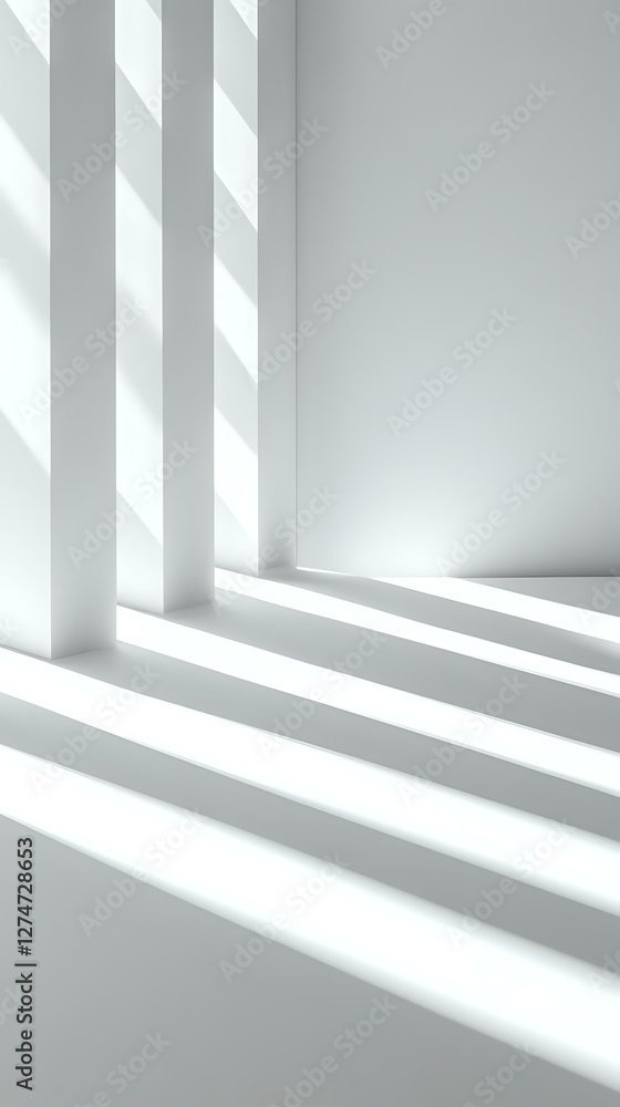Poster Minimalist white interior with dramatic diagonal sunlight and shadows cast through window blinds creating geometric patterns on clean walls and floor.