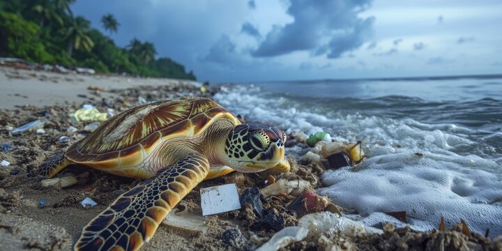 Close-up of a sea turtle crawling on the sandy beach near the ocean's edge with various shells scattered about. An idyllic scene for nature lovers and photographers.