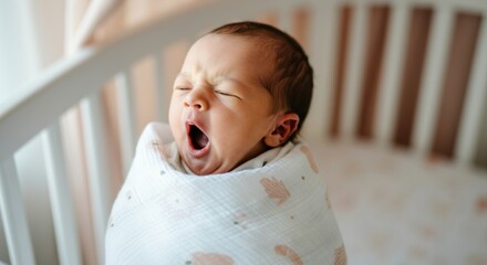 Caucasian newborn in crib yawning wrapped in blanket