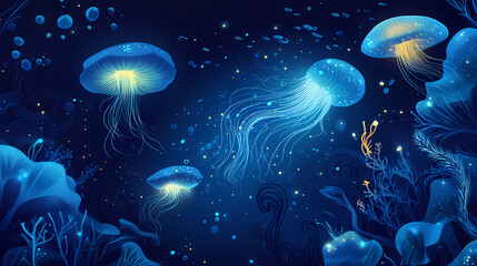 Glowing sea creatures swimming in deep ocean at night. Bioluminescent Deep Sea. Illustration