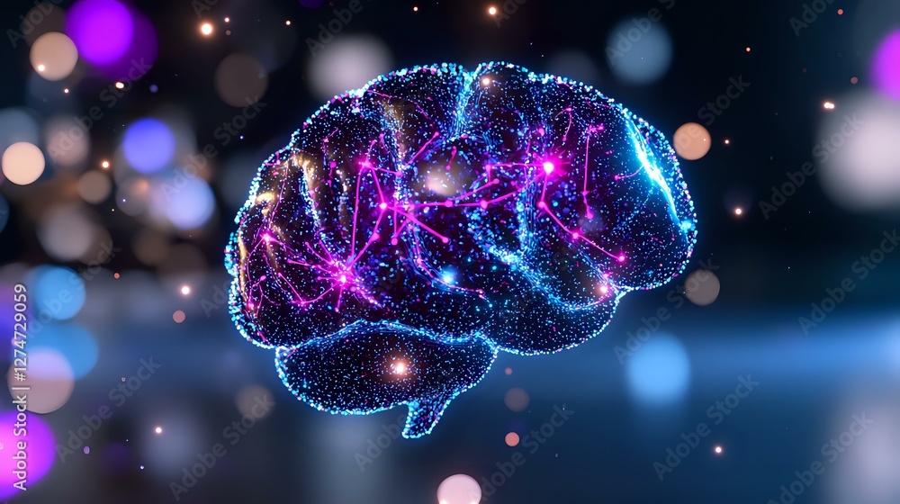 Poster glowing brain silhouette with blue and purple particle network effect on dark background with bokeh 