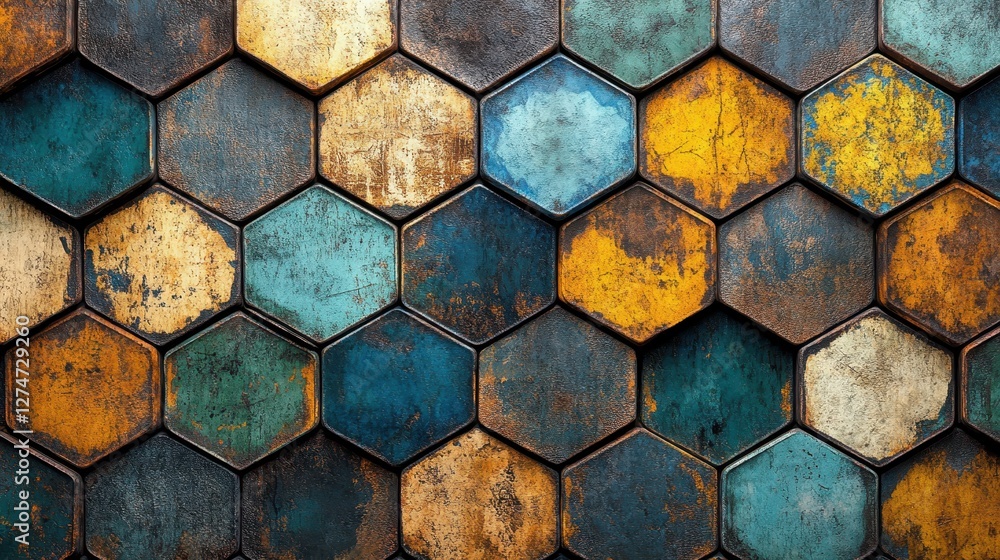 Aufkleber colorful hexagonal tiles: aged texture and geometric pattern in rustic design