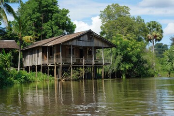 Fototapeta premium Traditional wooden houses along a serene riverbank surrounded by lush greenery in the early morning light in Southeast Asia