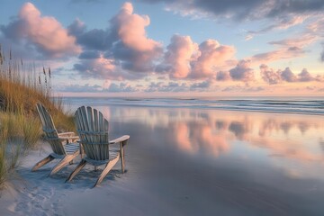 Naklejka premium ethereal coastal sunrise with pastel pink clouds reflecting on wet sand, featuring weathered wooden beach chairs and swaying dune grass in soft morning light