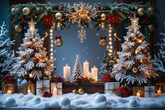 Lush Holiday Canvas with Dazzling Winter Decorations and Elements