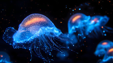 Naklejka premium Mysterious and awe-inspiring, glowing bioluminescent sea creatures light up a deep ocean, creating a scene of marine glowtime. Bioluminescent Deep Sea. Illustration