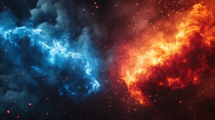 Fototapeta premium Dynamic collision of red fire and blue smoke with sparkling particles in a dark atmosphere