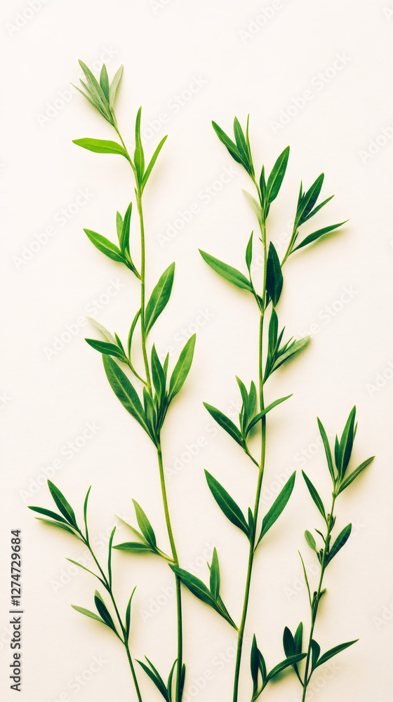 Aufkleber Minimalist composition featuring green sprigs with leaves arranged on a white backdrop, creating a simple yet elegant visual