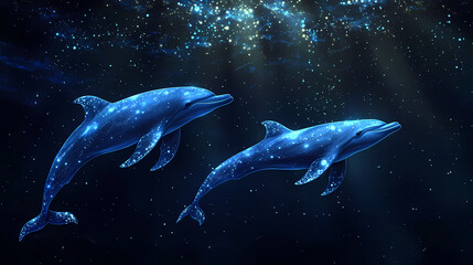 Fototapeta premium Two bioluminescent dolphins swimming in the deep ocean at night. Bioluminescent Deep Sea. Illustration