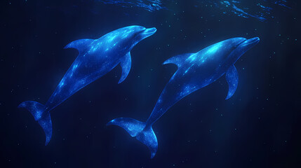 Obraz premium Two bioluminescent dolphins swimming in the deep ocean at night. Bioluminescent Deep Sea. Illustration