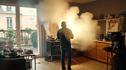 Man in kitchen with smoke billowing from cooking area during evening meal preparation in urban setting