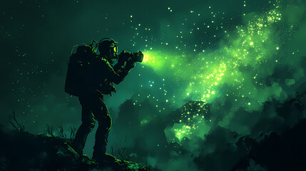 Underwater photographer in deep sea, bioluminescent organisms. Bioluminescent Deep Sea. Illustration