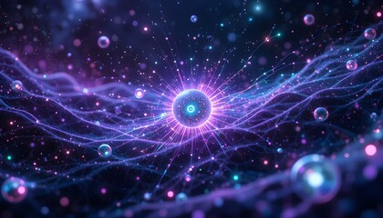 Fototapeta premium Quantum World with Glowing Subatomic Particles and Digital Energy