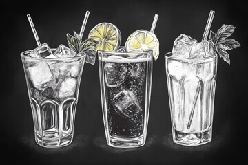 A collection of refreshing glasses of ice water, flavored sodas and lemonade, with straws and slices of lemon.