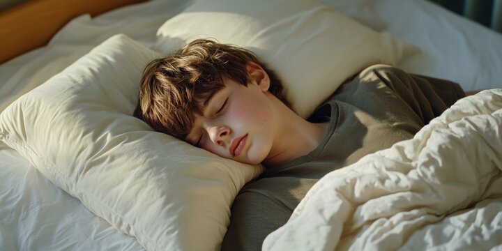 A young boy sleeping peacefully in a bedroom, a common scene of childhood relaxation.
