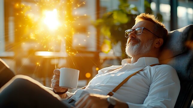 Mature Caucasian businessman relaxing in office chair at sunset, holding coffee cup, smiling with eyes closed while warm sunlight streams through window.