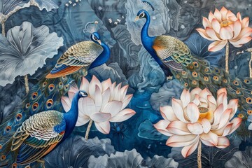 Colorful peacock and lotus flower adorned with intricate patterns in artistic representation