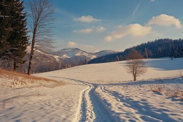 Obraz premium Snowy path in a mountainous area with trees and fields.