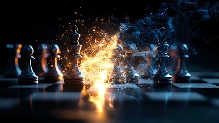 Chess pieces on dark background with dramatic fire and smoke effects between black and white kings, creating intense competitive atmosphere and strategic confrontation.