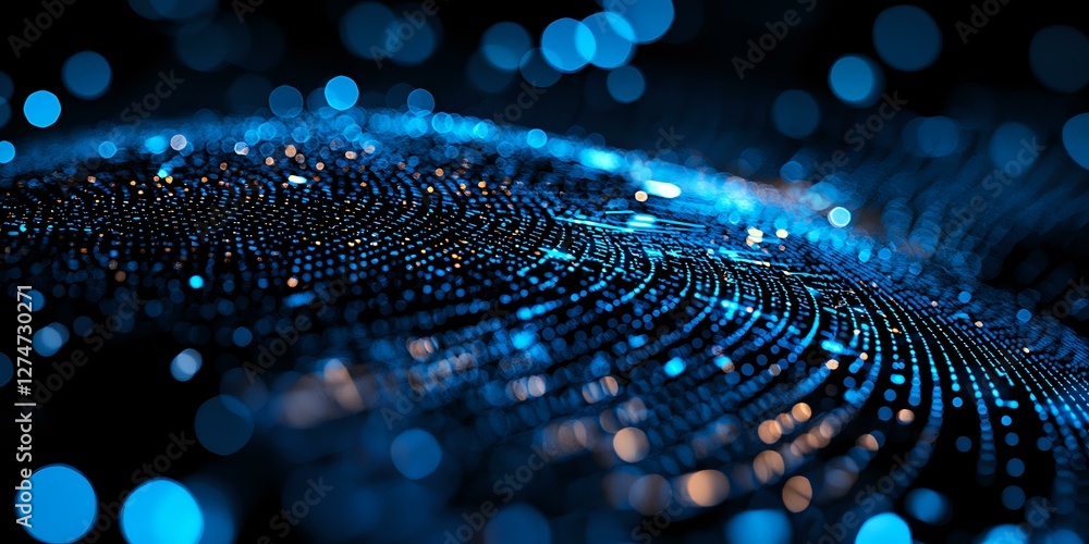Poster abstract digital wave of glowing blue particles and bokeh lights on dark background, futuristic tech