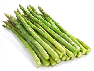 A bunch of fresh asparagus spears with tightly closed tips, set against a white background. Ideal for food photography or to highlight the nutritional value of this vegetable.
