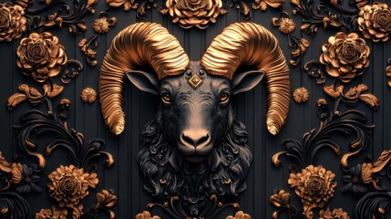 Ornate ram head with golden floral decor on dark background