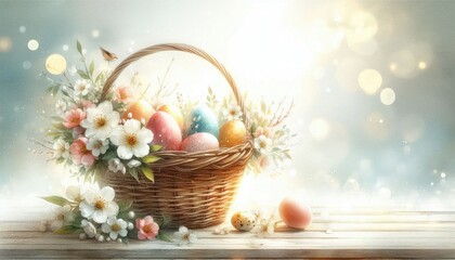 Obraz premium Festive Easter basket filled with pastel and brightly colored eggs, decorated with delicate patterns, placed on a rustic wooden table with fresh flowers around