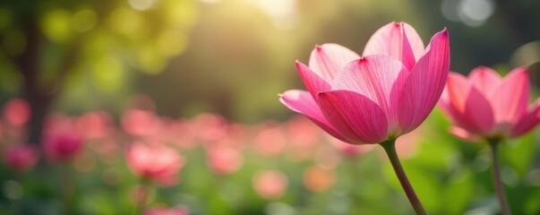 Obraz premium Soft pink petals swaying gently in the breeze of a serene garden, soft focus, garden scene, garden