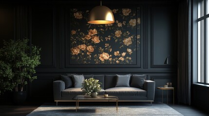 Elegant living room with dark floral wall art and modern lighting