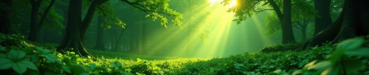 Fototapeta premium Softly glowing emerald forest landscape at dawn, soft light, natural, landscape
