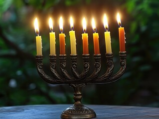 Fototapeta premium A lit hanukkah menorah with nine candles, a traditional lighting device used during the Jewish holiday of Hanukkah.