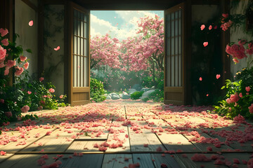 Japanese Garden, Open Doors, Blossoms, Serenity, Peaceful