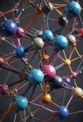 Interconnected nodes with varying colors and sizes , abstract network design, digital world, architecture