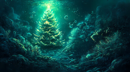 Obraz premium An underwater christmas tree glowing in the ocean depths surrounded by bioluminescent sea creatures. Bioluminescent Deep Sea. Illustration