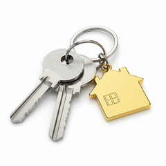 Key with house keyring symbolizing security and access to home or property, Isolated on white background