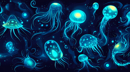 Naklejka premium Bioluminescent creatures glowing in the deep underwater background. Bioluminescent Deep Sea. Illustration