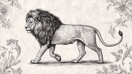 Detailed vintage-style sketch of majestic lion walking gracefully with floral background